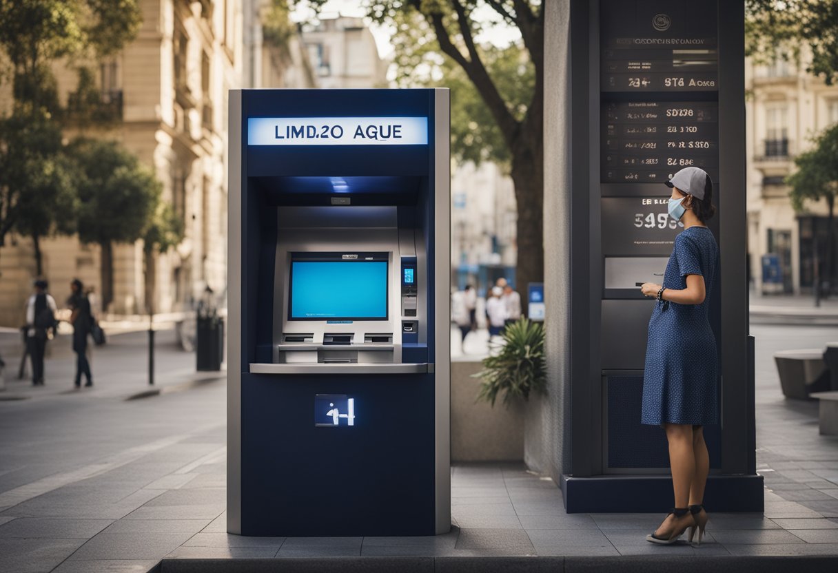 Uma pessoa em pé em um caixa eletrônico Banco24Horas, tentando sacar dinheiro, mas recebendo uma mensagem "limite de saque c6" na tela.