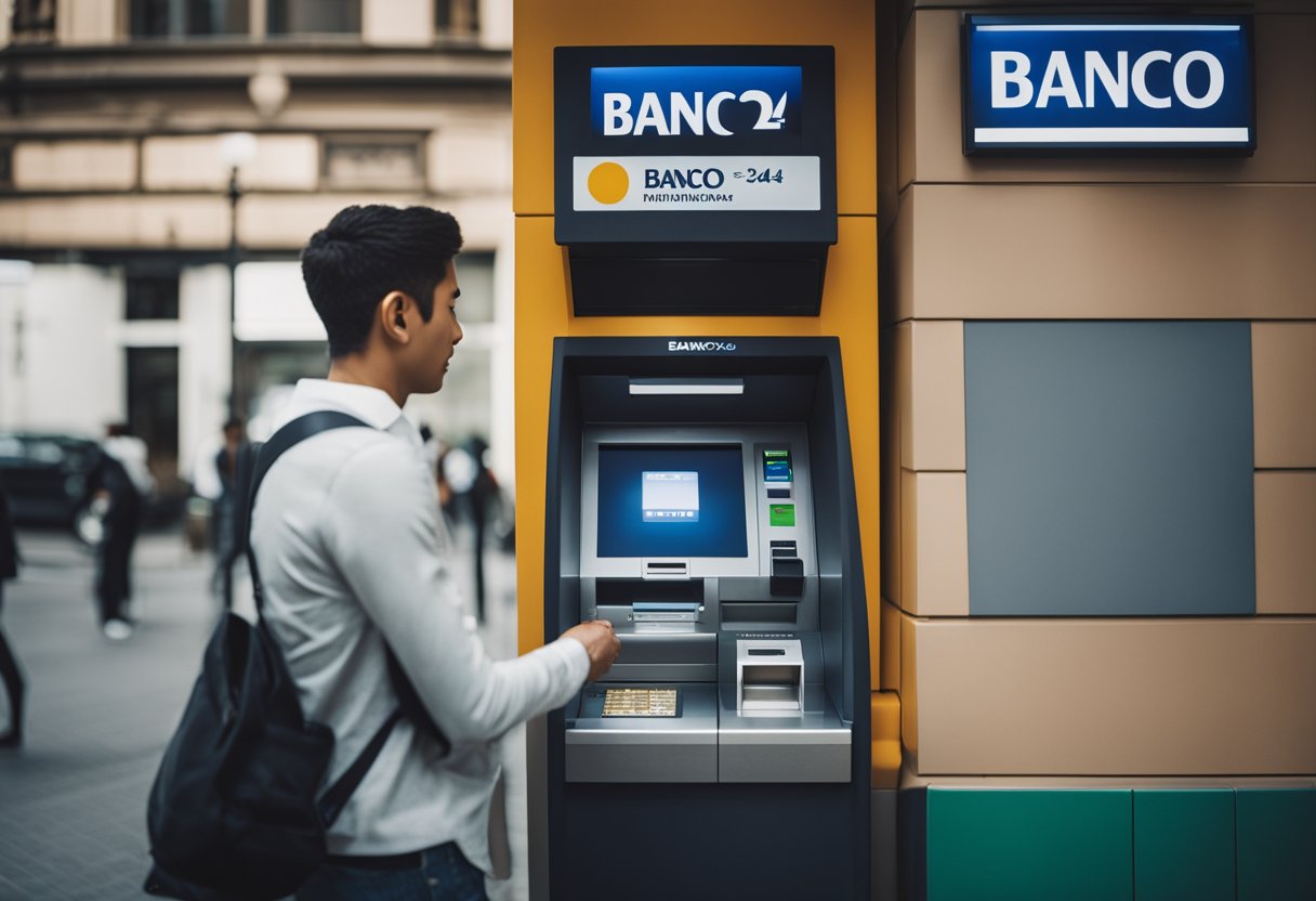 Uma pessoa usando um caixa eletrônico Banco24Horas para retirar dinheiro dentro do limite de saque