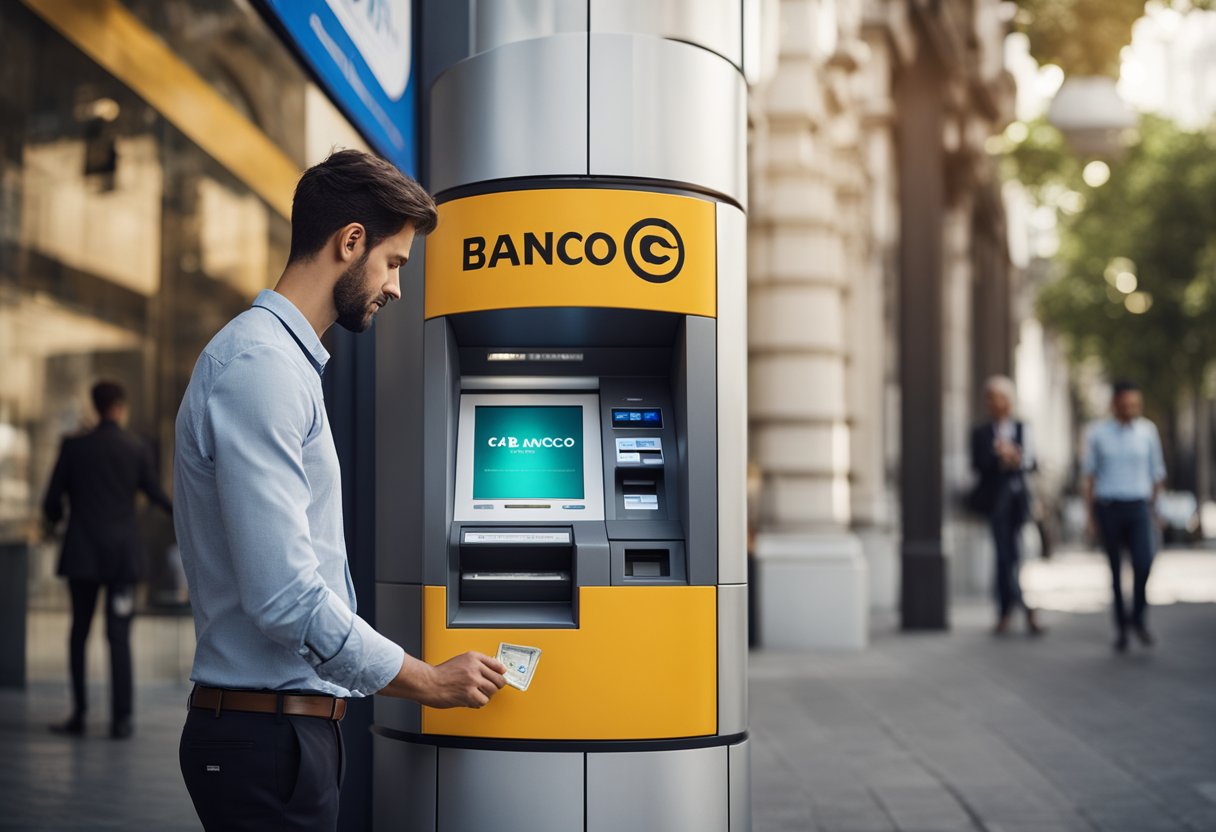 Uma pessoa em pé em um caixa eletrônico do C6 Bank, sacando dinheiro com um logo do Banco24Horas ao fundo