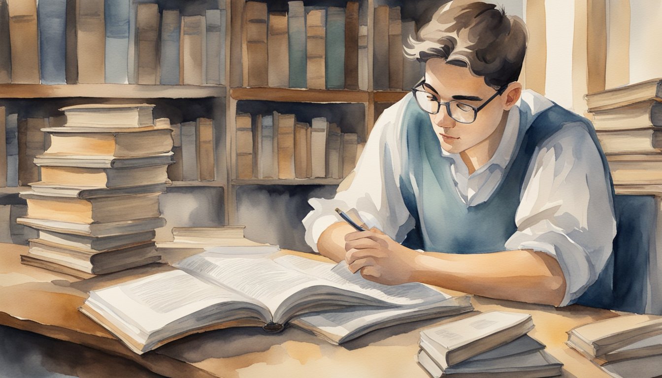 A student sitting at a desk surrounded by open books and scrolls, with a thoughtful expression while studying the Old Testament
