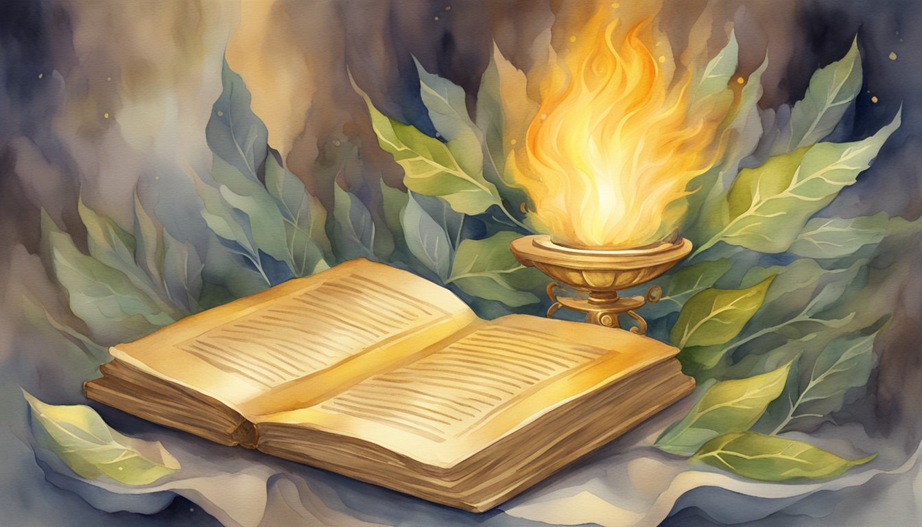 A glowing golden tablet surrounded by ancient scrolls and a burning bush