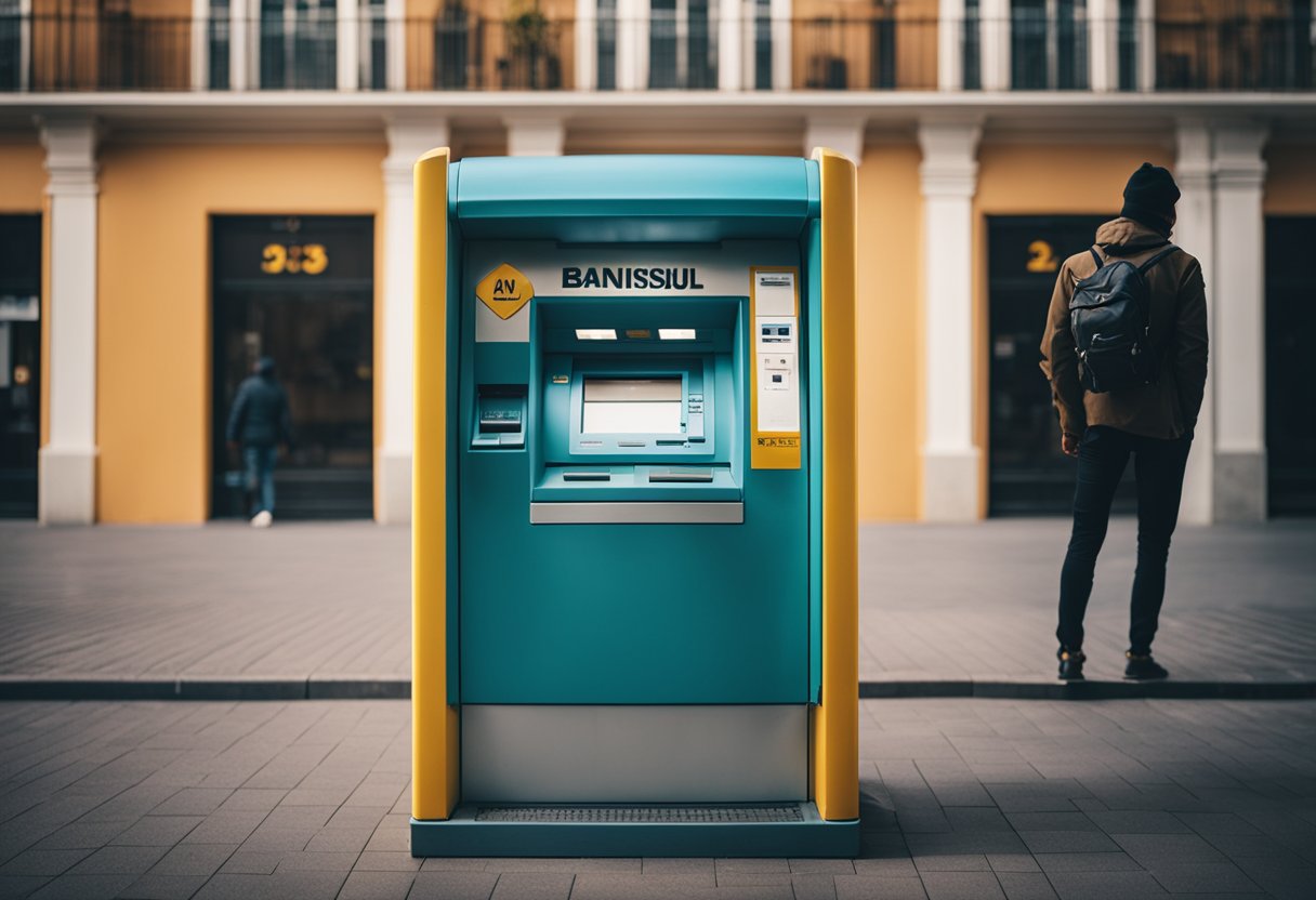Uma pessoa em pé na frente de um caixa eletrônico do Banrisul com um aviso de limite de saque exibido