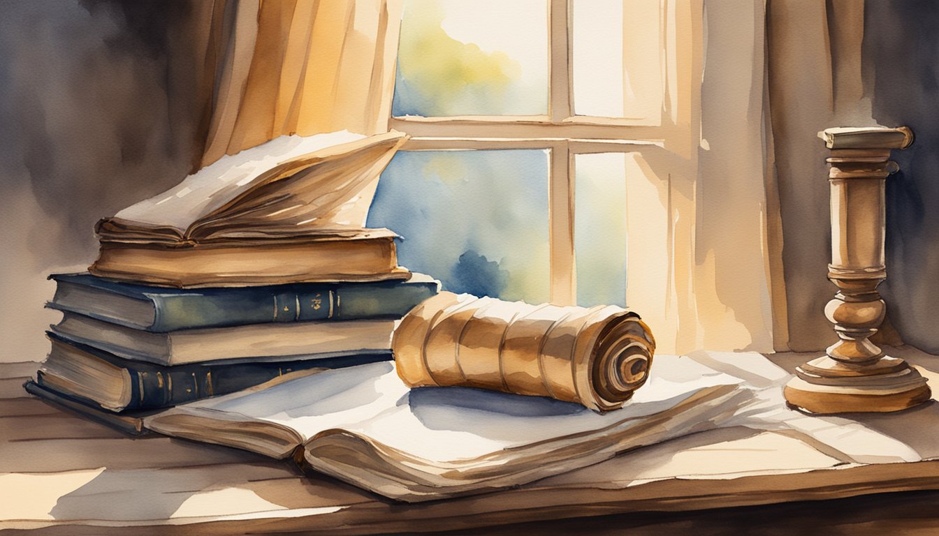 A stack of ancient scrolls sits on a wooden desk, surrounded by open books and a quill pen. A soft light filters through a nearby window, casting a warm glow on the scene