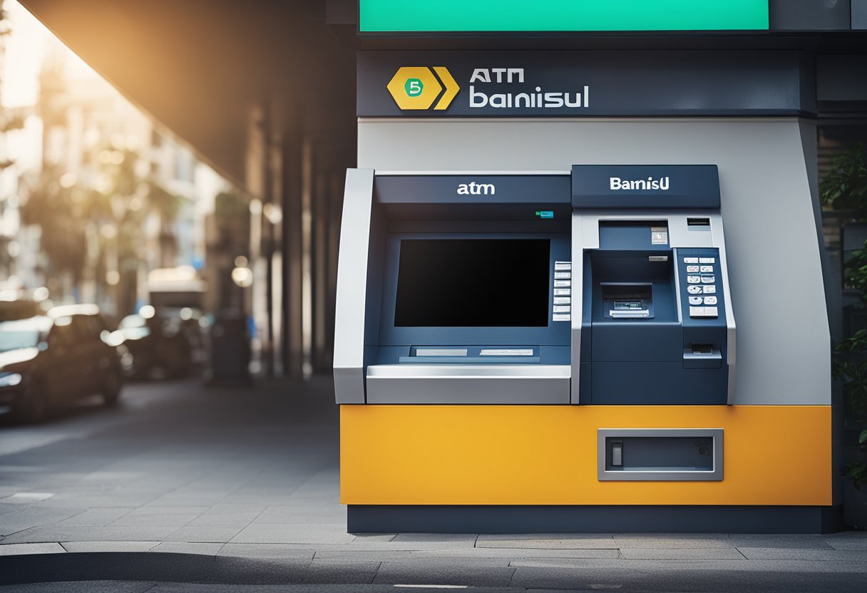 Um caixa eletrônico com o logo do Banrisul, cercado por uma área clara e bem iluminada, com um sinal visível de limite de saque em dinheiro.