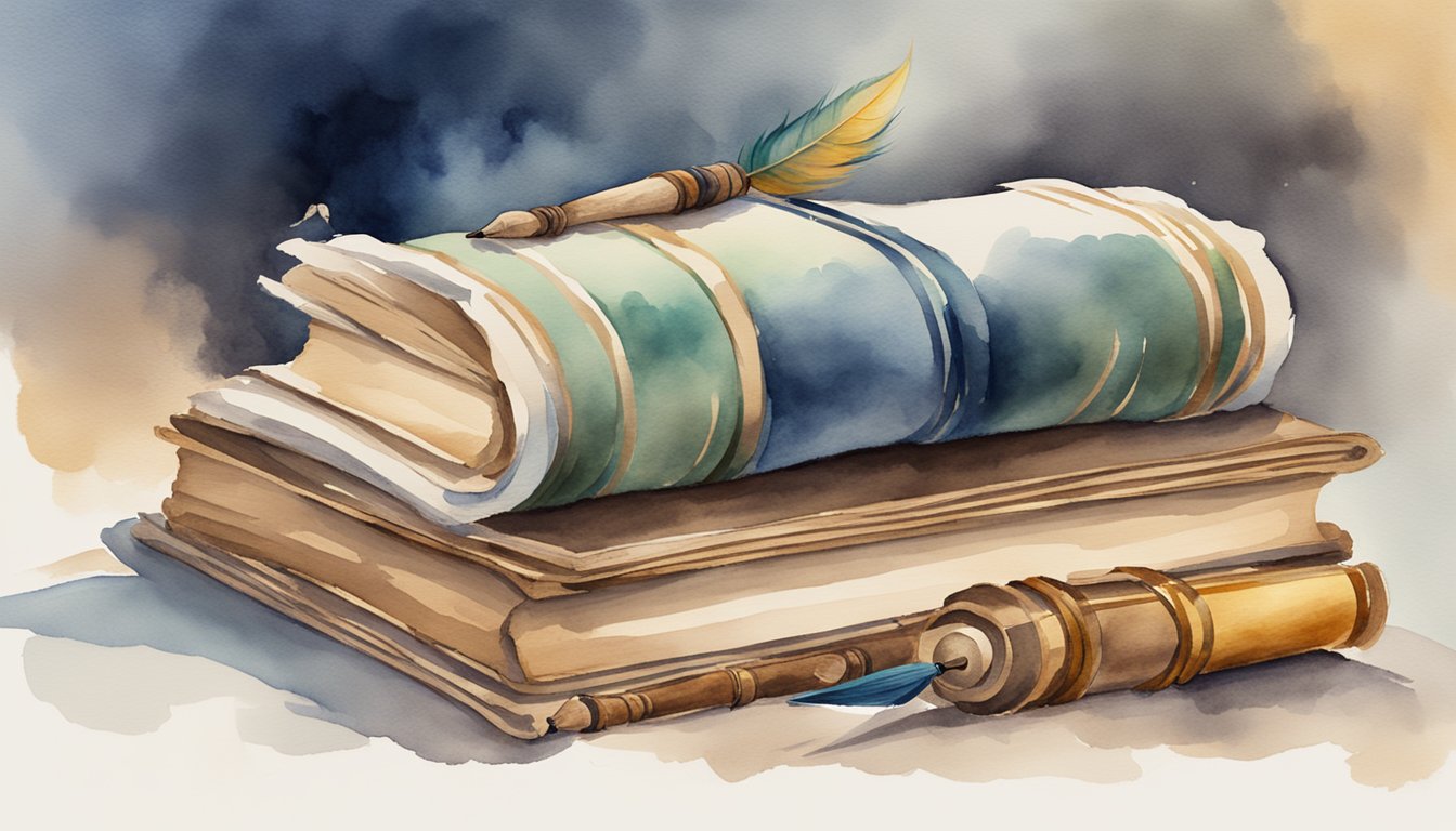 A stack of ancient scrolls surrounded by open books and a quill pen