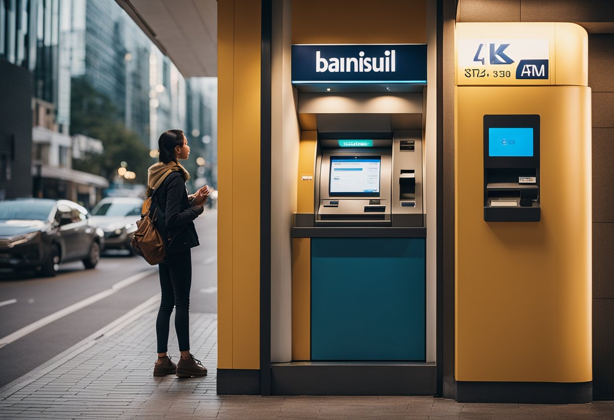 Uma pessoa em pé na frente de um caixa eletrônico do Banrisul, sacando dinheiro até o limite de saque.