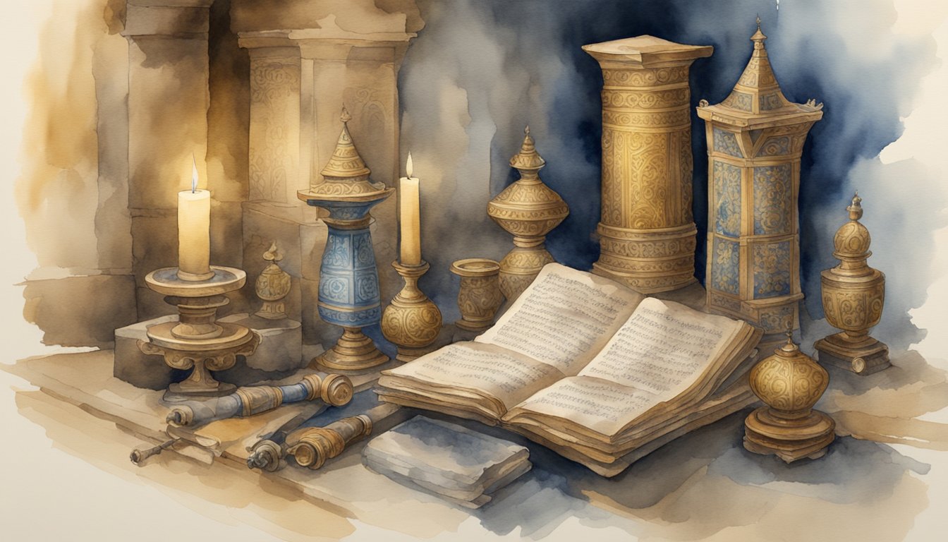 A group of ancient scrolls and religious artifacts displayed in a dimly lit room with ornate decorations