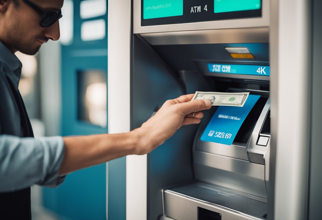 Uma pessoa inserindo um Hipercard em um caixa eletrônico e retirando dinheiro até o limite máximo permitido