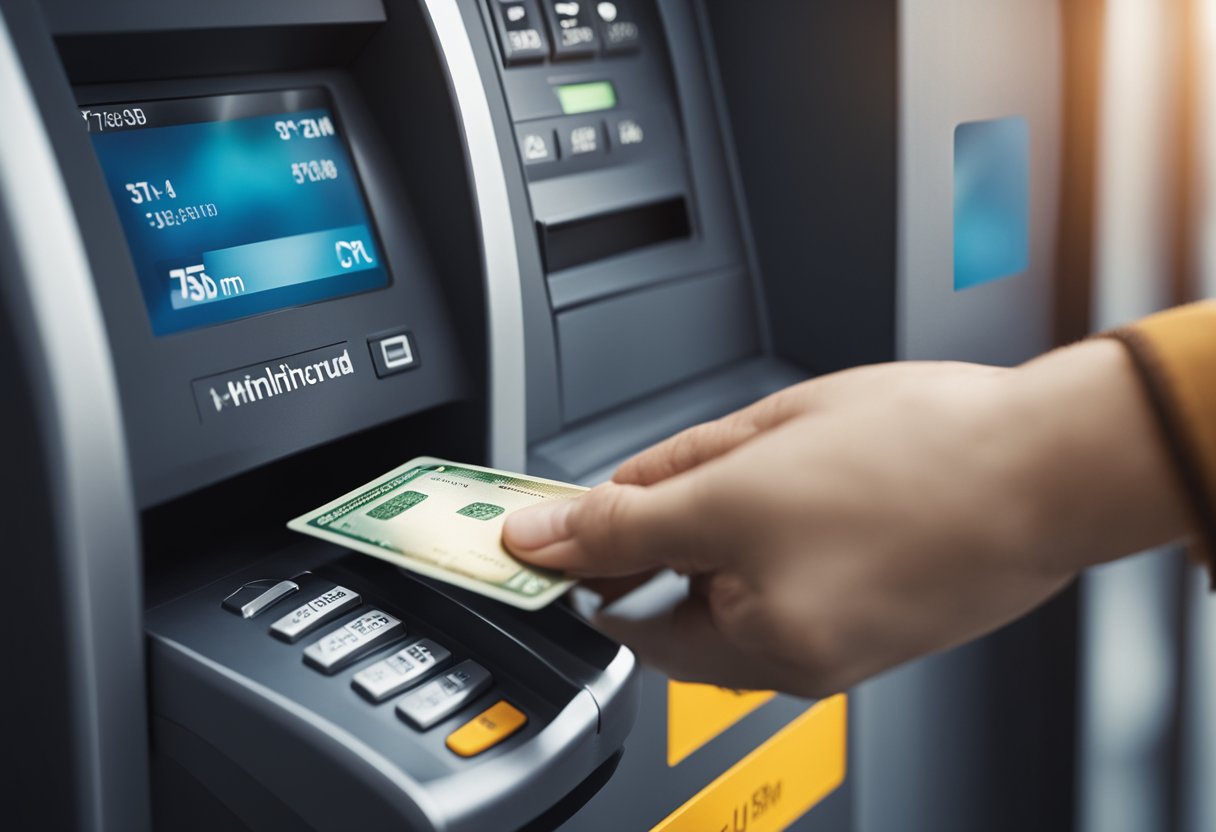 Uma pessoa usando um Hipercard está inserindo seu cartão em um caixa eletrônico e verificando seu limite de saque na tela.