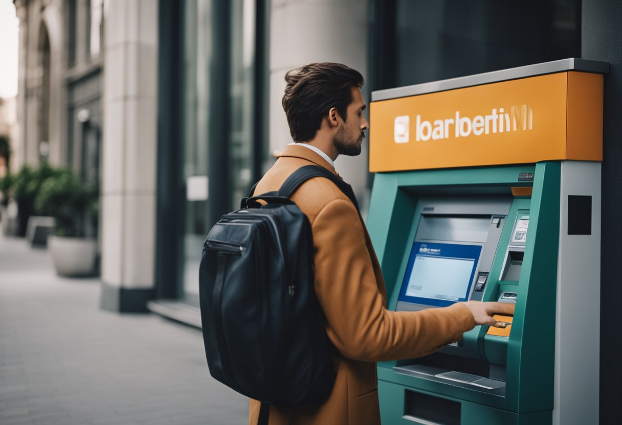 Uma pessoa em pé na frente de um caixa eletrônico de um banco, olhando para a tela com uma expressão confusa