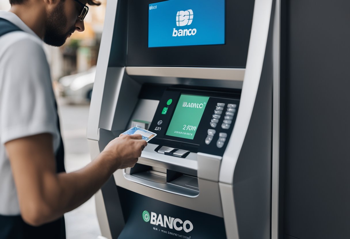 Uma pessoa usando um cartão em um caixa eletrônico com o logo do Banco Inter, verificando o limite de saque na tela.