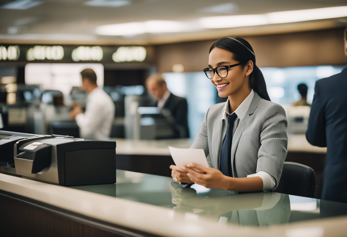 Um caixa de banco negando o pedido de saque de um cliente no balcão