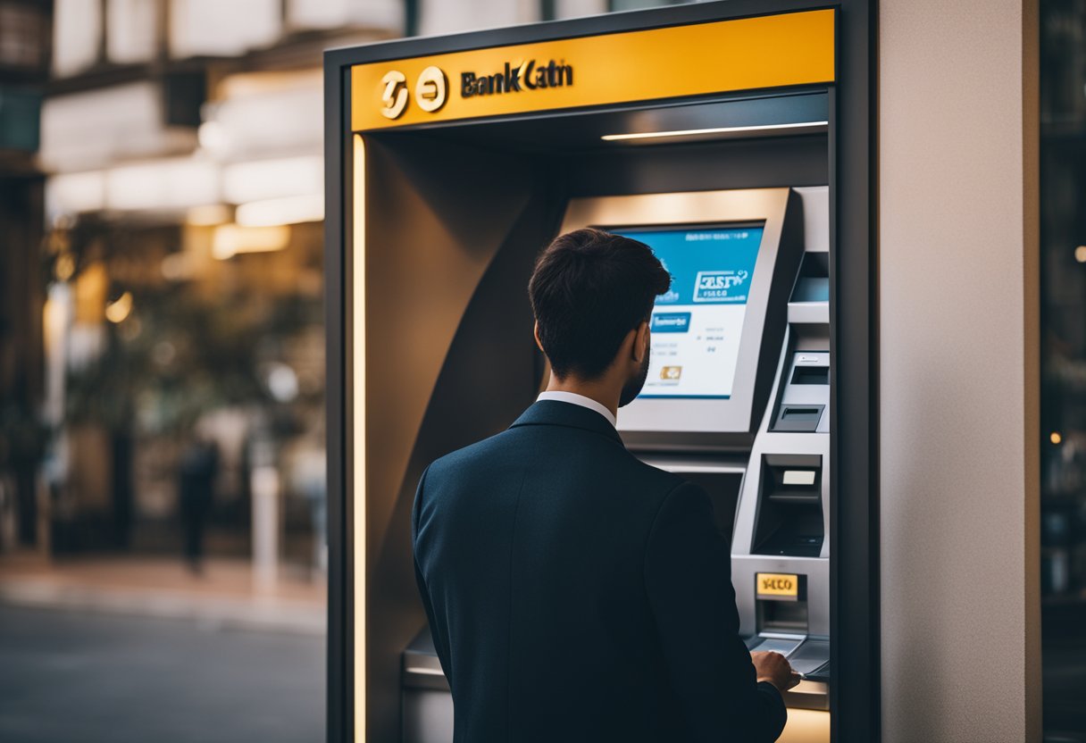 Uma pessoa em pé em um caixa eletrônico com um logotipo de banco, digitando um PIN e retirando dinheiro.