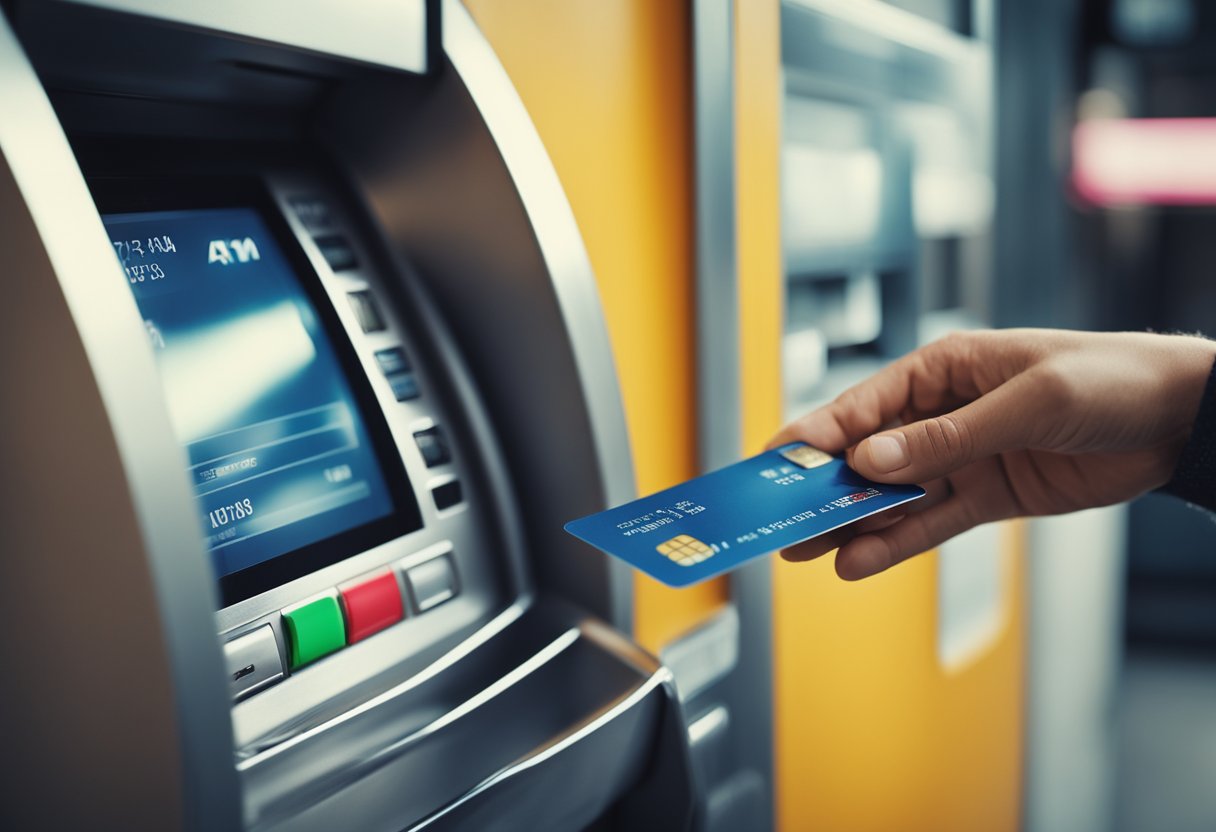 Uma pessoa inserindo seu cartão bancário em um caixa eletrônico e verificando a tela para o limite de saque diário.