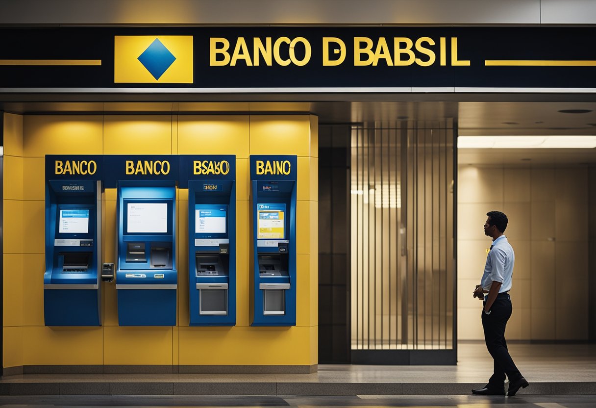 Uma pessoa em pé na frente de um caixa eletrônico do Banco do Brasil com um aviso de "limite de saque" exibido na tela.