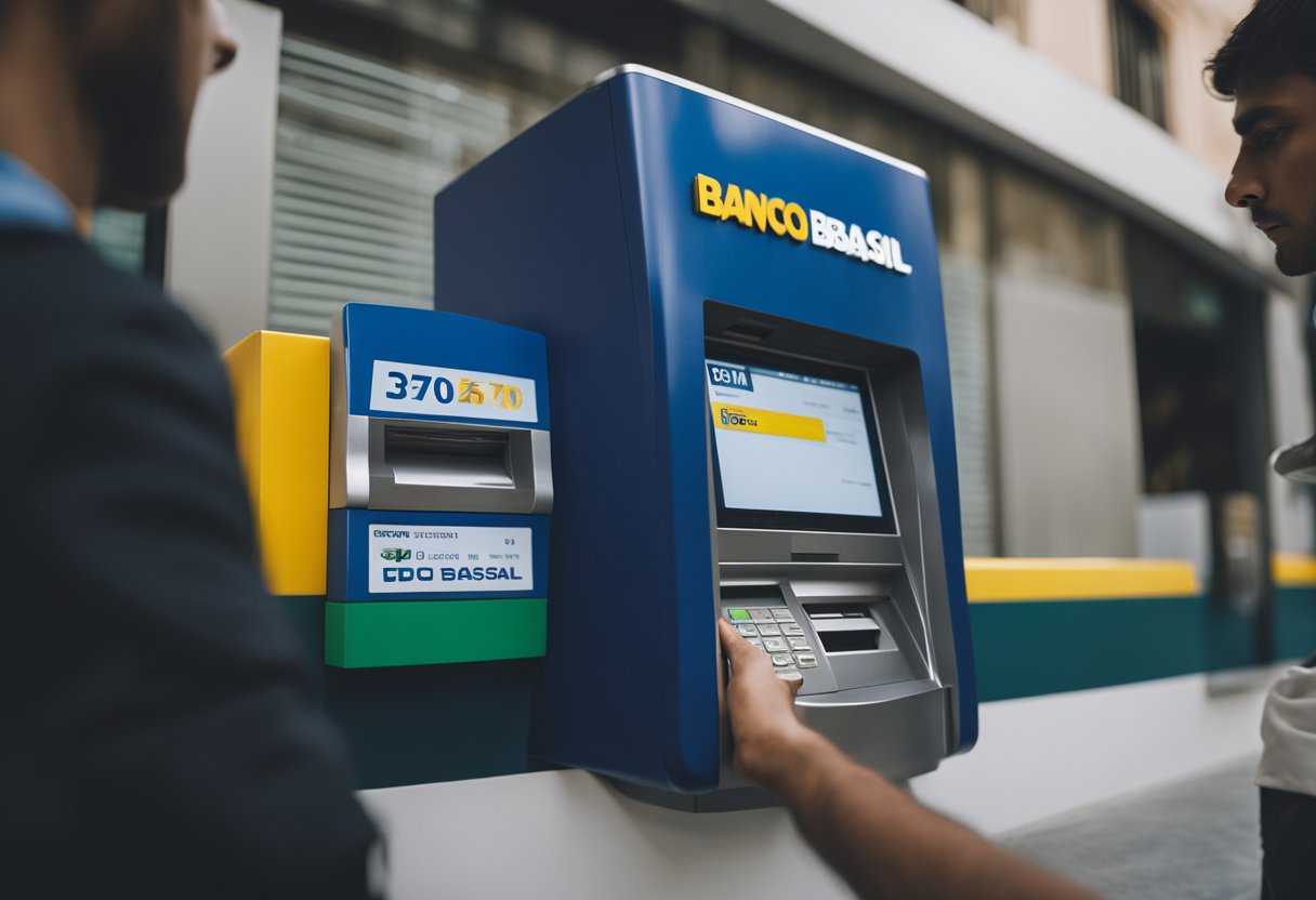 Uma pessoa em pé na frente de um caixa eletrônico do Banco do Brasil, digitando sua senha e selecionando o valor para sacar.