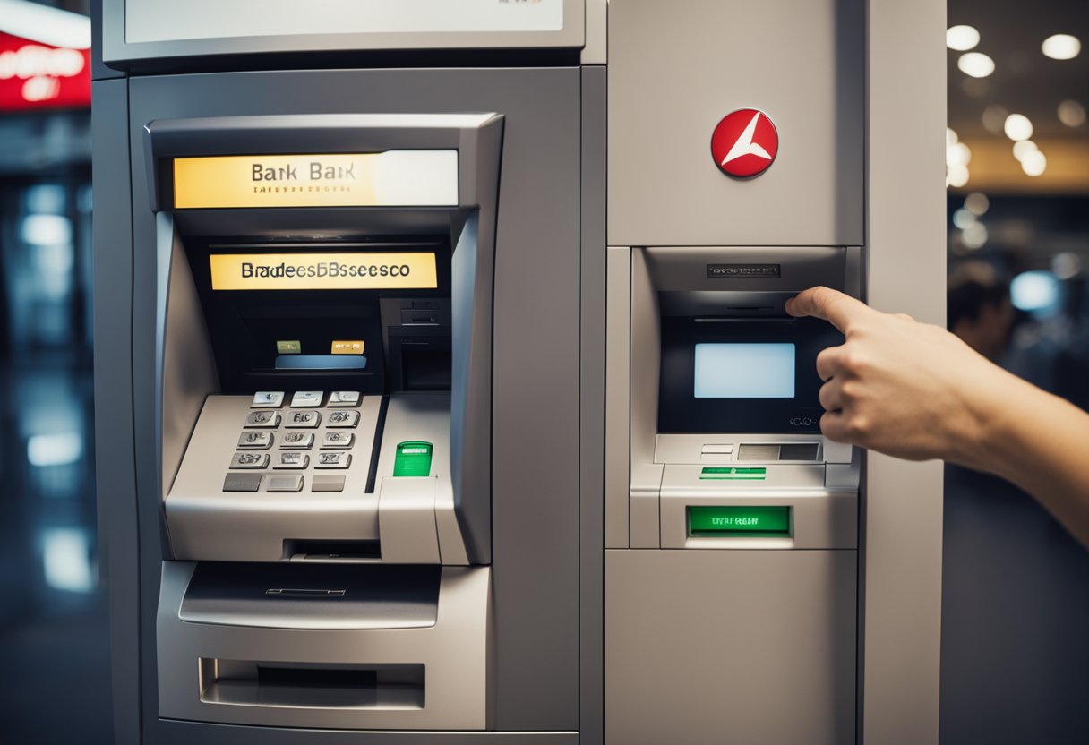 Uma pessoa inserindo um cartão bancário em um caixa eletrônico do Bradesco com o limite máximo de saque exibido na tela