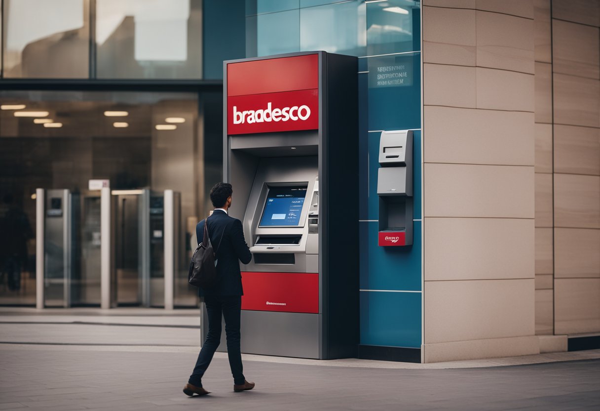 Uma pessoa em pé na frente de um caixa eletrônico do Bradesco, digitando sua senha e selecionando o valor a ser sacado, com a tela do caixa eletrônico exibindo o limite de saque.