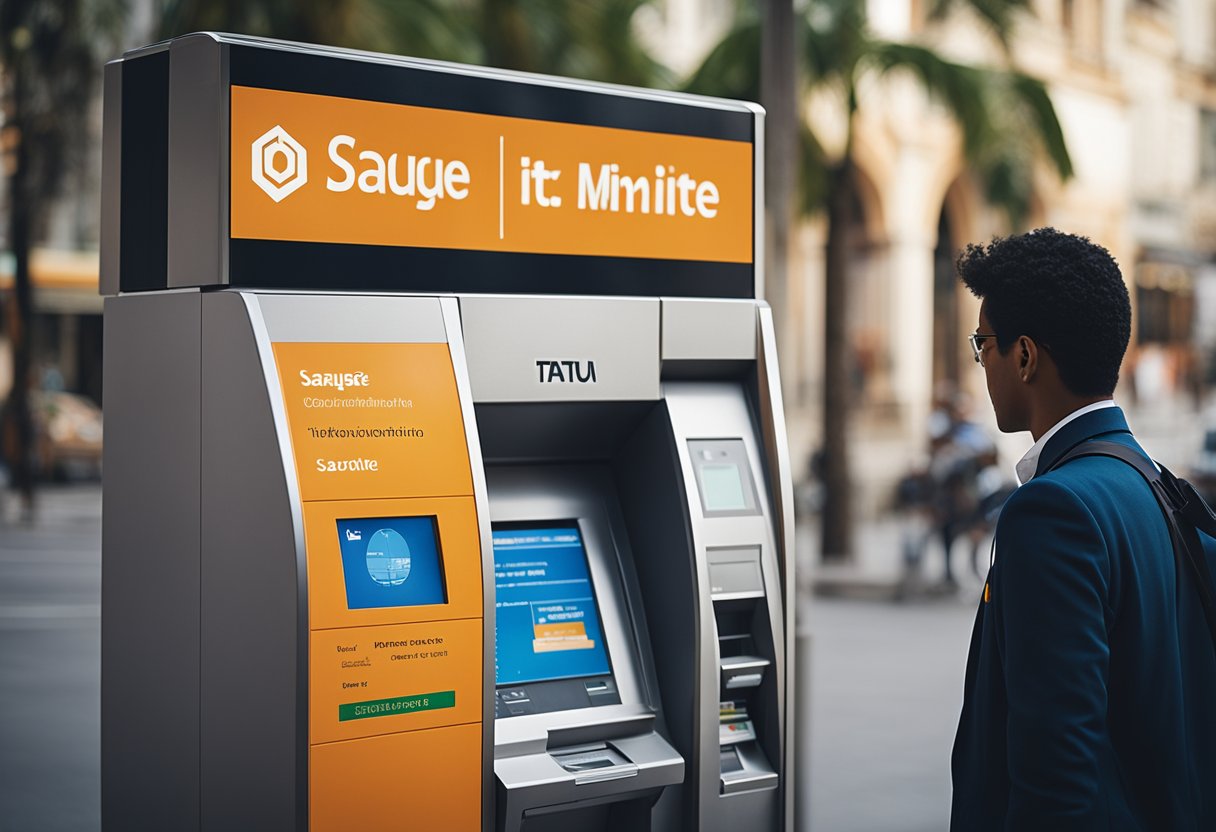 Uma pessoa em pé na frente de um caixa eletrônico do Itaú com uma notificação de "limite de saque" exibida na tela