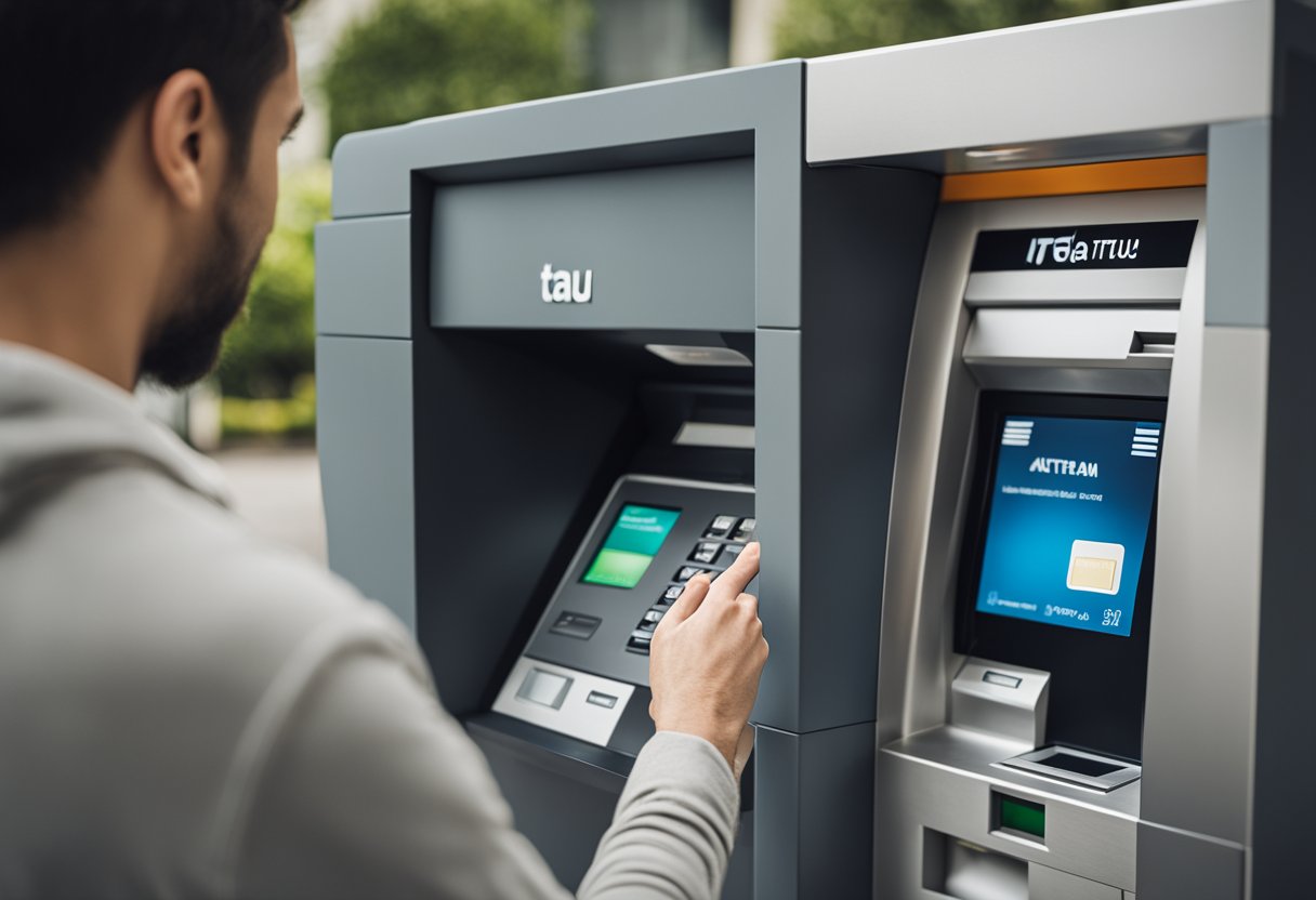 Uma pessoa em pé em frente a um caixa eletrônico do Itaú, digitando sua senha e selecionando o valor a ser sacado.