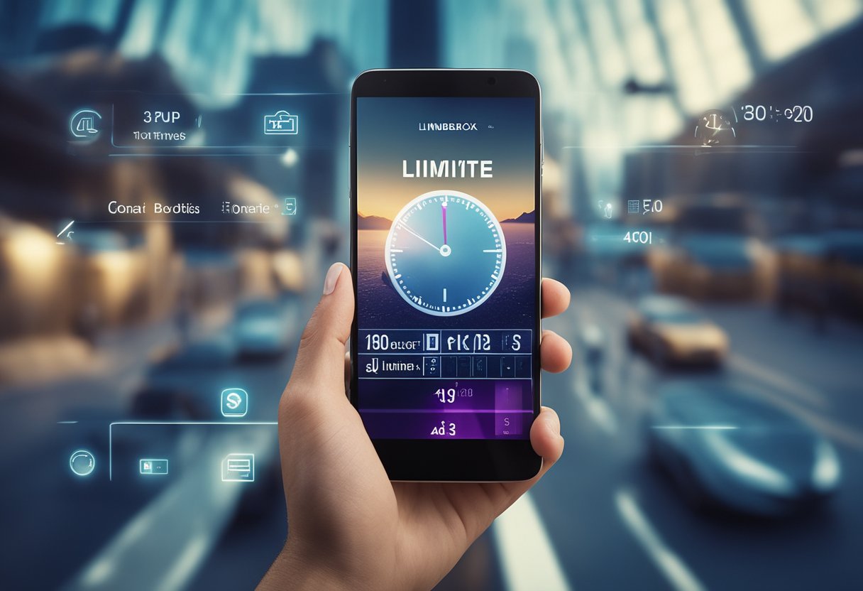 Uma mão alcançando um botão rotulado "Limite de Transferência" na tela do aplicativo Nubank, com setas indicando um aumento.