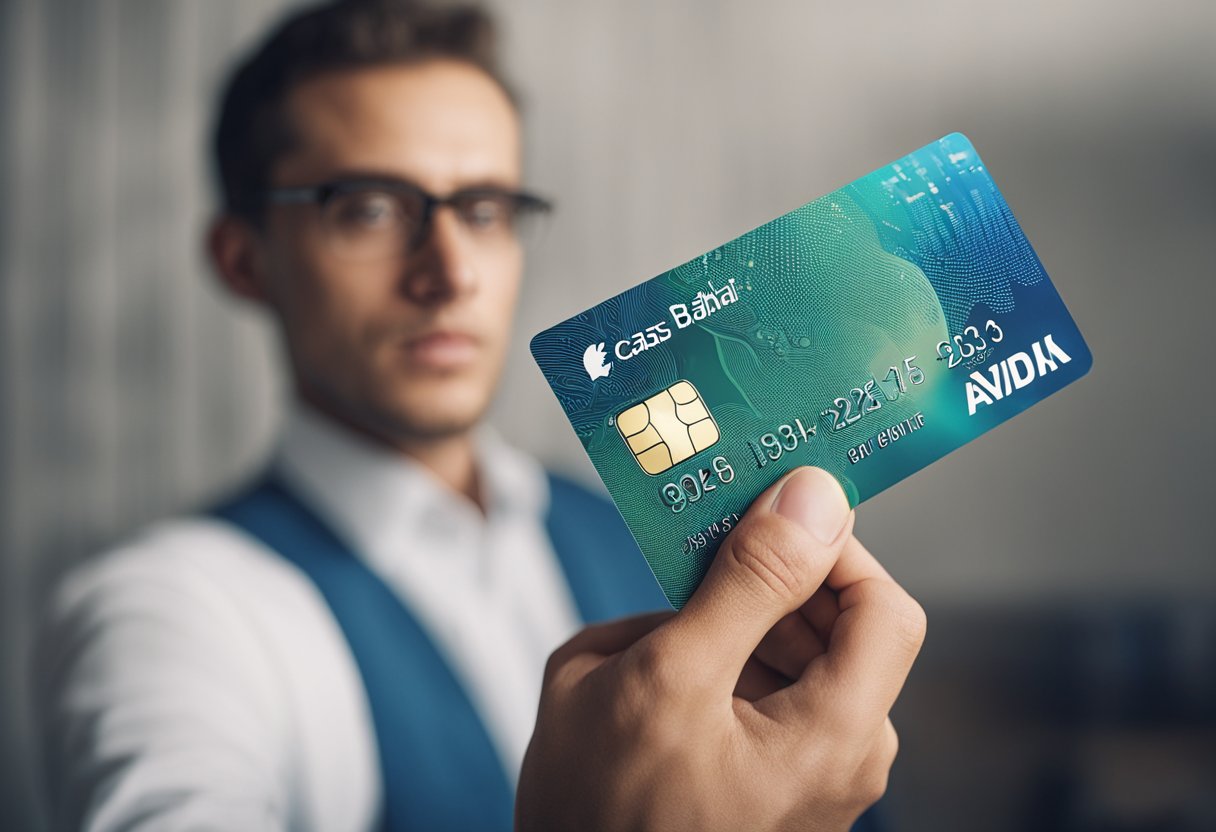 Uma pessoa segurando um cartão de crédito das Casas Bahia, olhando para ele com uma expressão perplexa, enquanto está cercada por pontos de interrogação e um gráfico de crescimento.