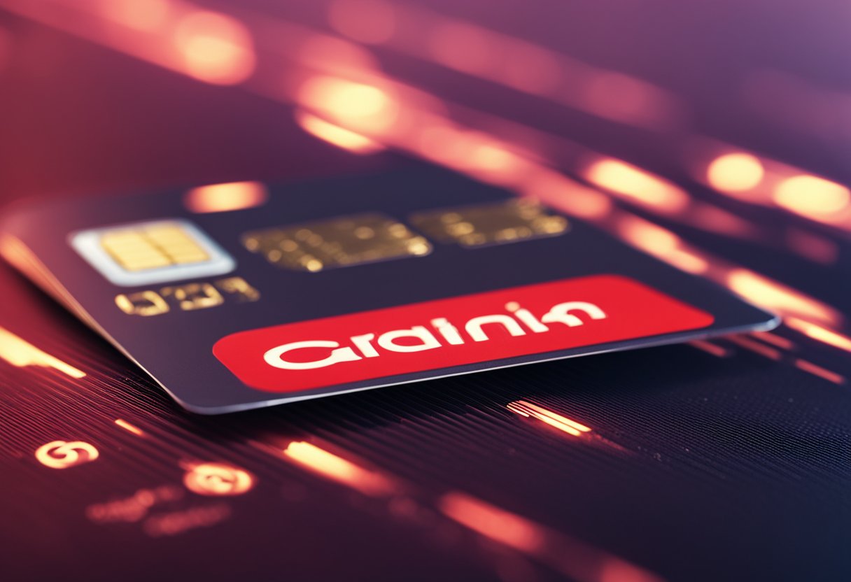 Um cartão de crédito com uma linha de "limite" vermelha, cercada por setas apontando para cima