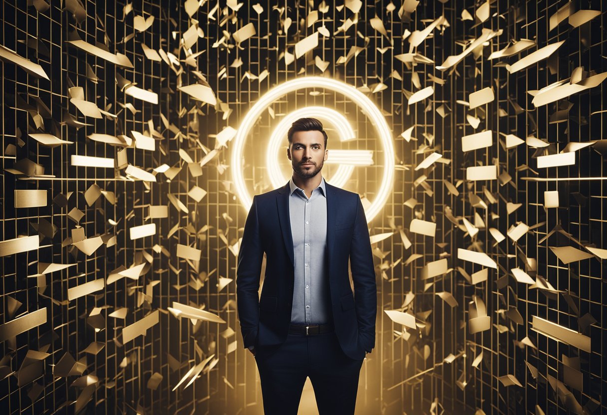 Uma pessoa em pé na frente de um cartão de crédito com um ponto de interrogação acima dele, cercada por setas apontando para cima