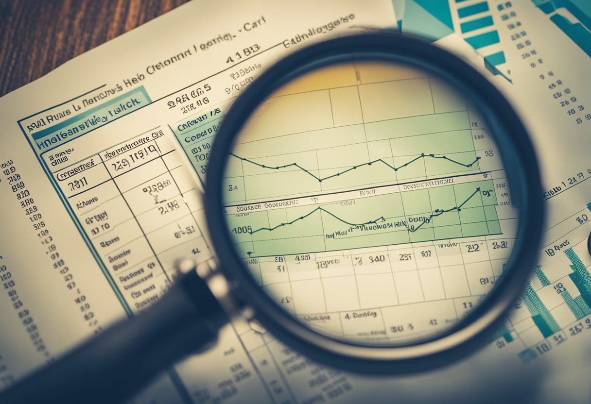 Uma pessoa segurando um cartão de crédito e uma lupa, com um gráfico mostrando uma tendência de alta ao fundo.