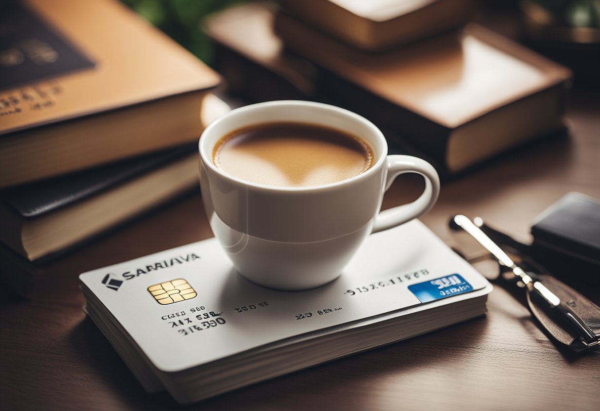 Um cartão de crédito com o logo da Saraiva está sobre uma mesa de madeira, cercado por uma pilha de livros e uma xícara de café.
