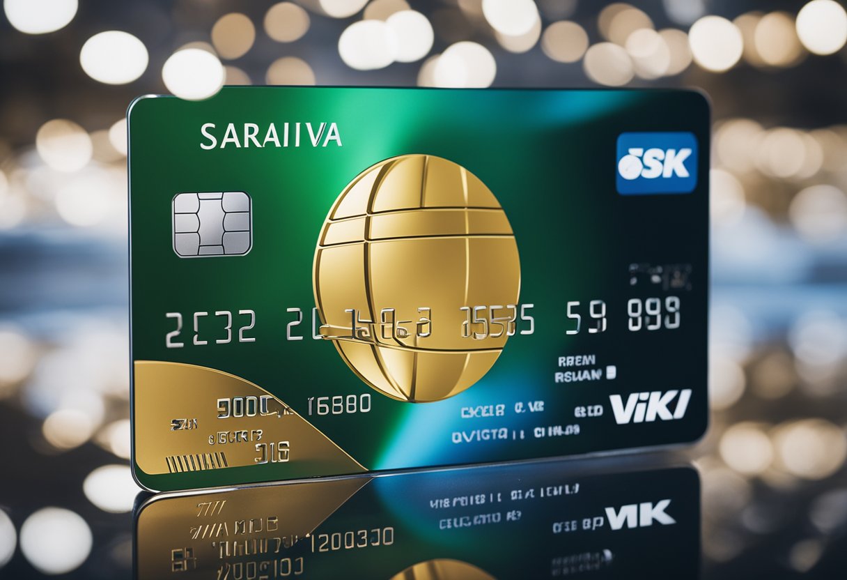 Um close de um cartão de crédito Saraiva com o logotipo e os detalhes do cartão visíveis