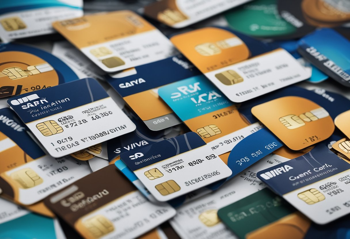 Uma pilha de cartões de crédito com o logo da Saraiva, cercada por vários documentos e formulários, representando elegibilidade e requisitos do cartão.