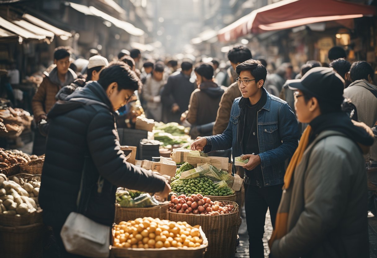 Um mercado lotado com vendedores e compradores trocando mercadorias e dinheiro