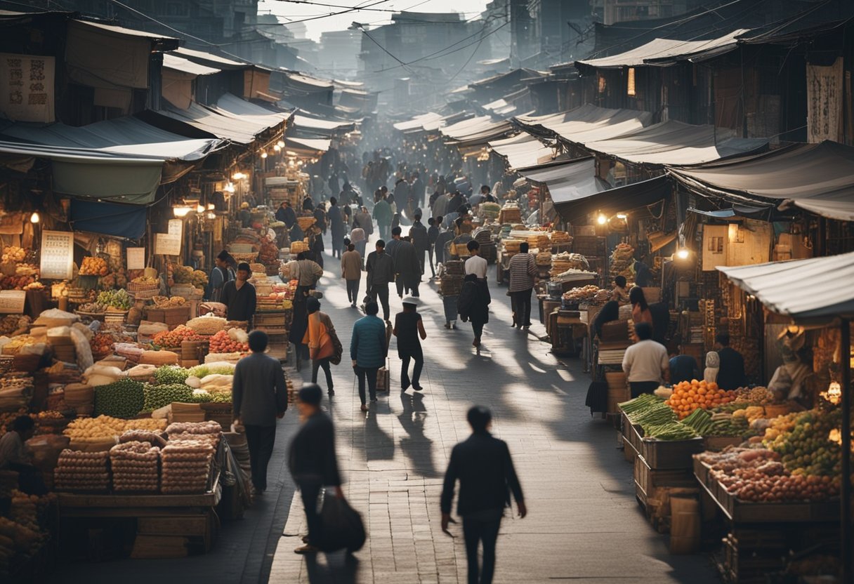 Um mercado movimentado com vários vendedores vendendo mercadorias, cercado por um limite indicando o limite do mercado de crédito.