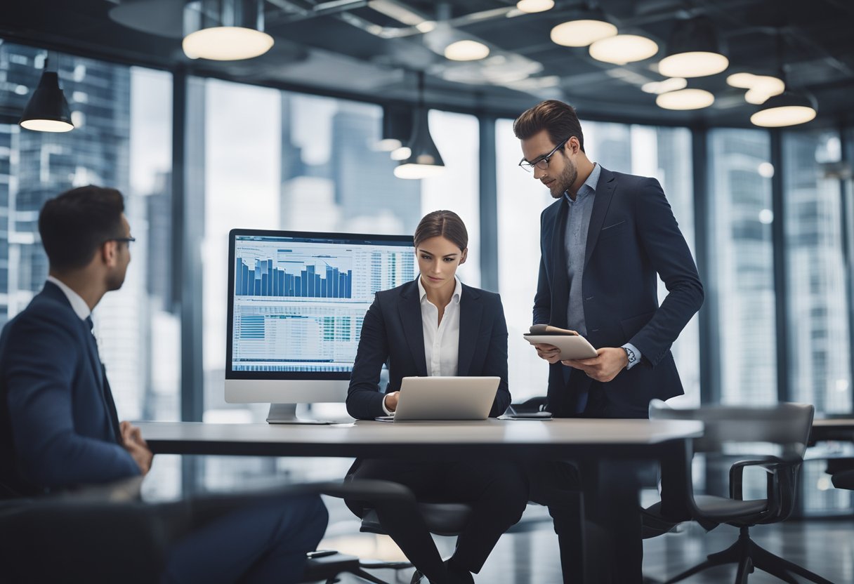Um grupo de profissionais de negócios discutindo e analisando dados financeiros e tendências de mercado para determinar o limite de crédito para um novo mercado.