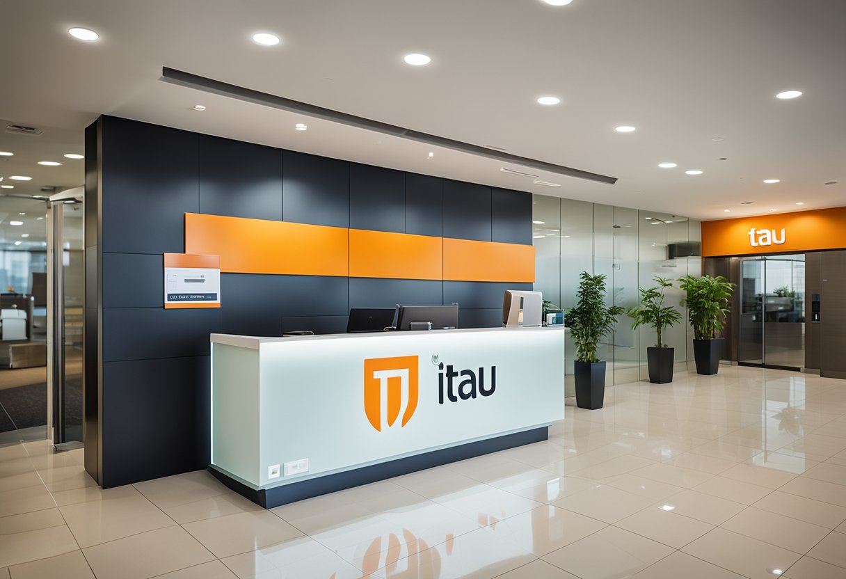 Uma agência bancária moderna e elegante com o logo do Itaú exibido de forma proeminente, cercada por uma barreira flexível.