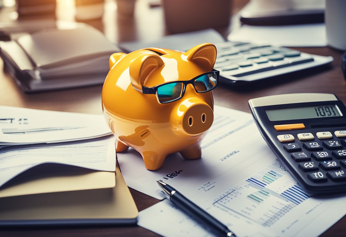 Um cofre colorido com o logo do Itaú está em uma mesa, cercado por vários documentos financeiros e uma calculadora.