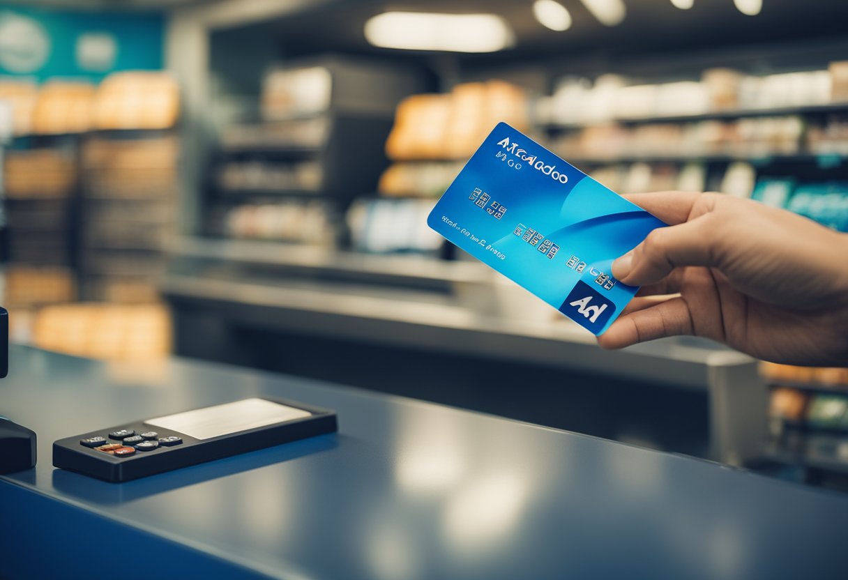 Uma mão alcançando um cartão azul do "Atacadão" em um balcão de checkout
