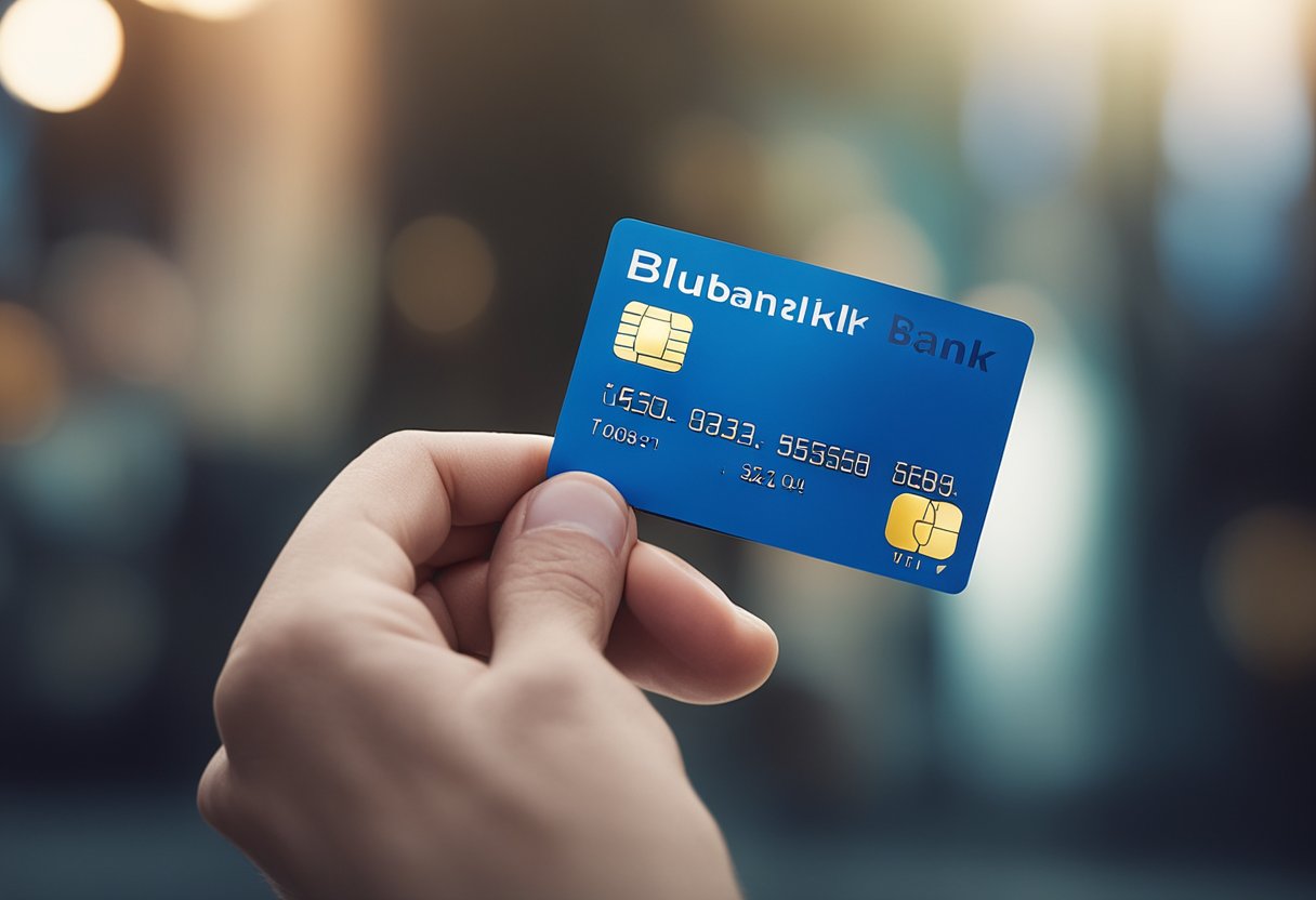 Uma mão segurando um cartão bancário azul com uma tela digital exibindo "limite inicial" e "Blubank."