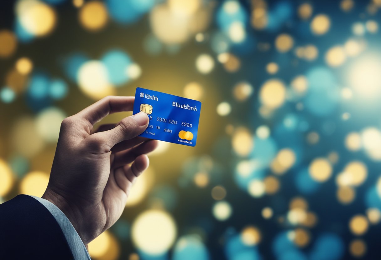 Uma mão alcançando um cartão de crédito Blubank com o limite inicial exibido na tela