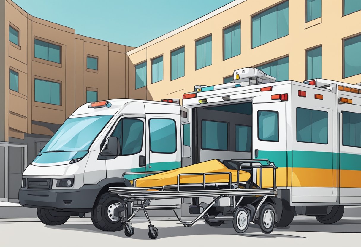 Transporte de Pacientes: Inovações e Desafios no Brasil 1 Um veículo de transporte médico estacionado do lado de fora de um hospital, com um paramédico empurrando uma maca em direção à entrada