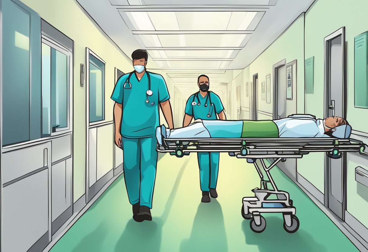 Transporte de Pacientes: Inovações e Desafios no Brasil 2 Um paciente sendo transportado em uma maca por profissionais de saúde através de um corredor de hospital