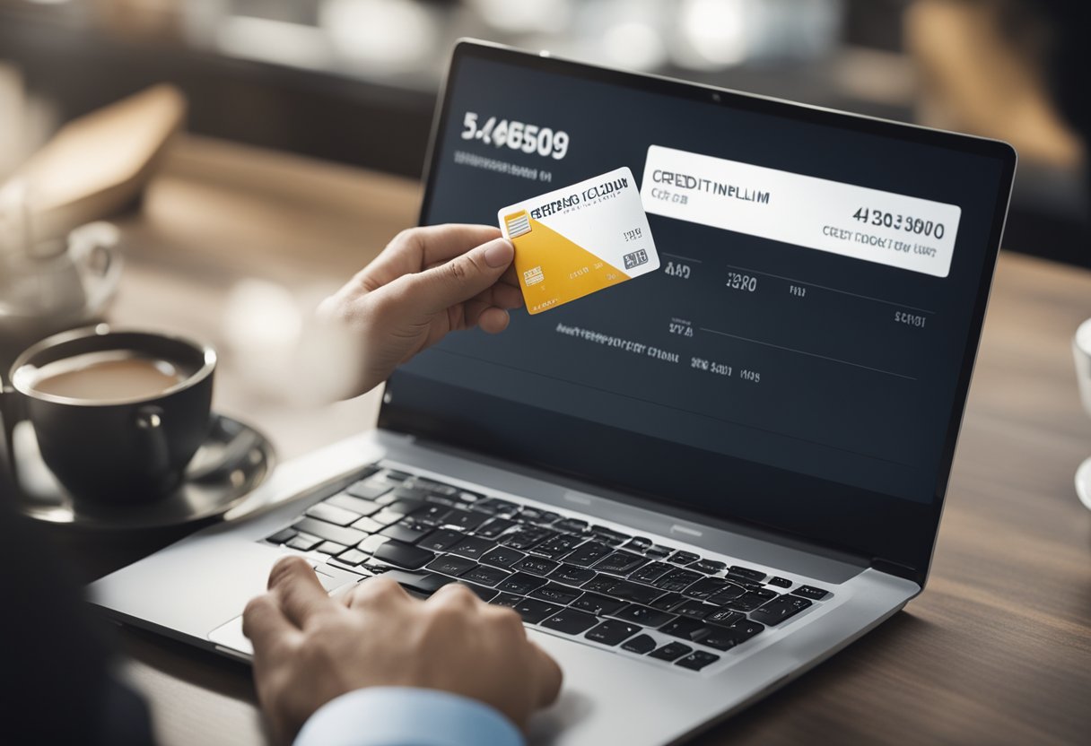 Uma pessoa segurando um cartão de crédito Pan enquanto olha para uma tela de computador mostrando o limite de crédito inicial
