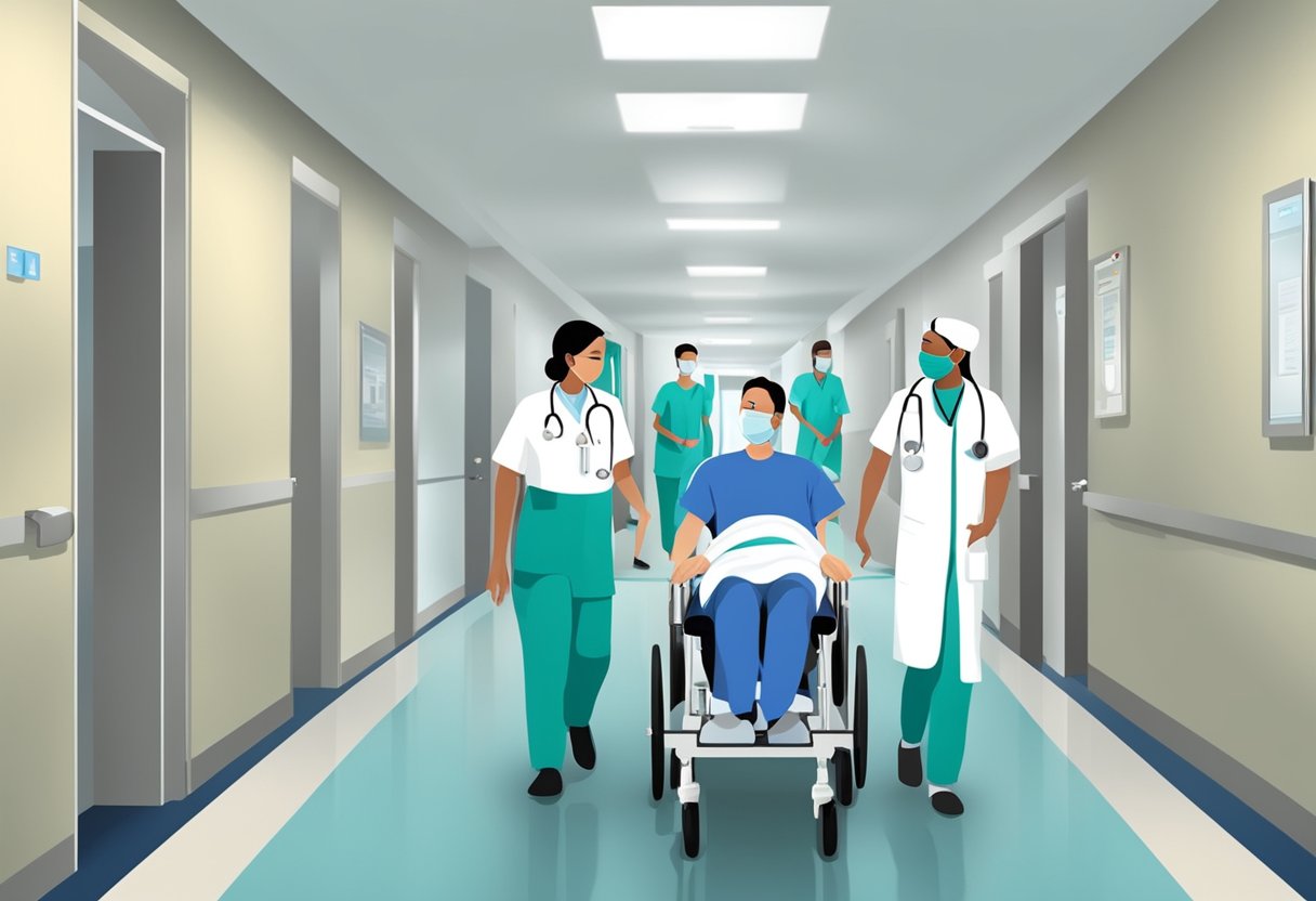 Transporte de Pacientes: Inovações e Desafios no Brasil 4 Uma equipe de profissionais de saúde cuidadosamente transporta um paciente em uma maca por um corredor do hospital.