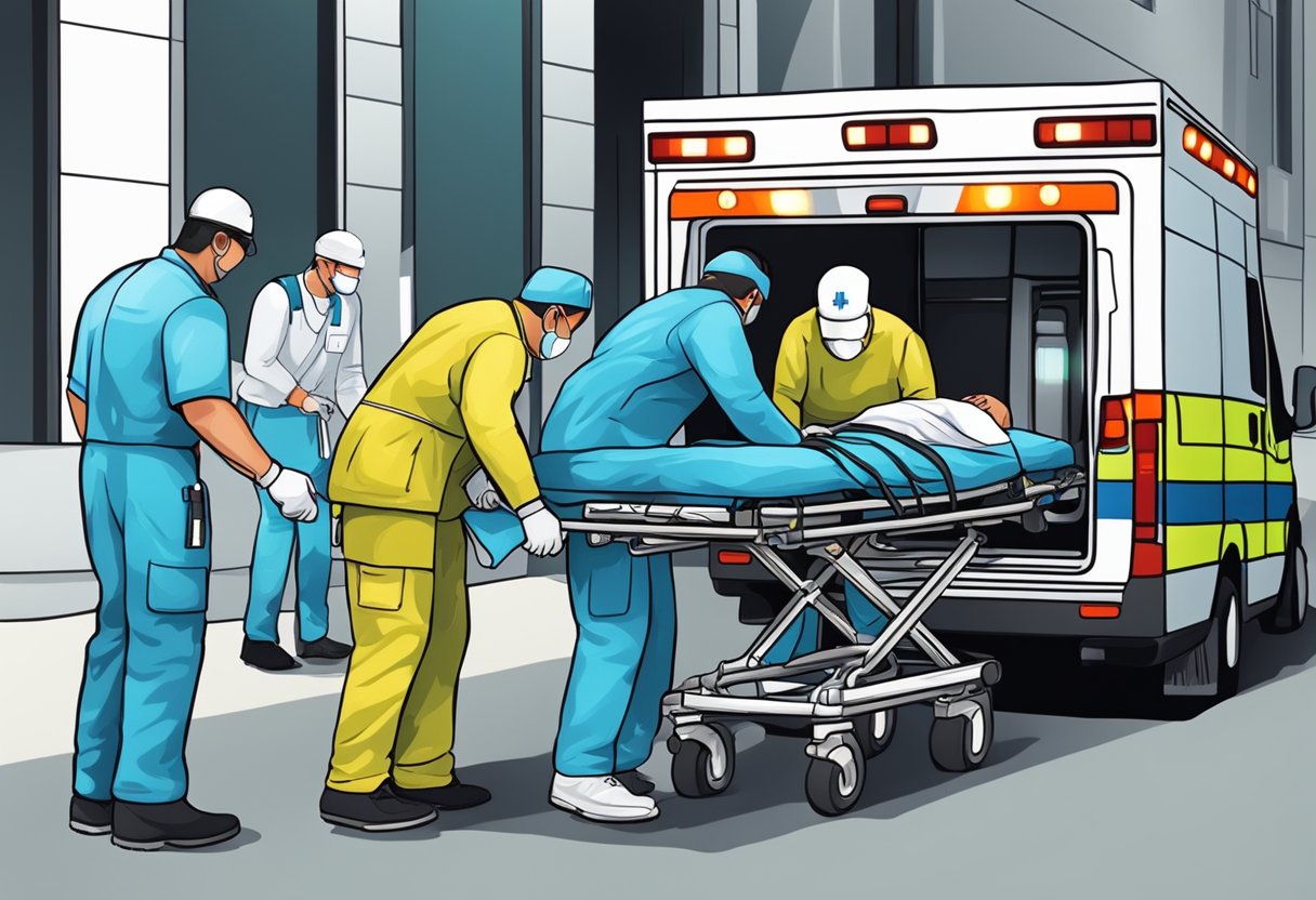 Transporte de Pacientes: Inovações e Desafios no Brasil 5 Um profissional de saúde fixa cuidadosamente um paciente em uma maca antes de carregá-lo em uma ambulância para transporte.