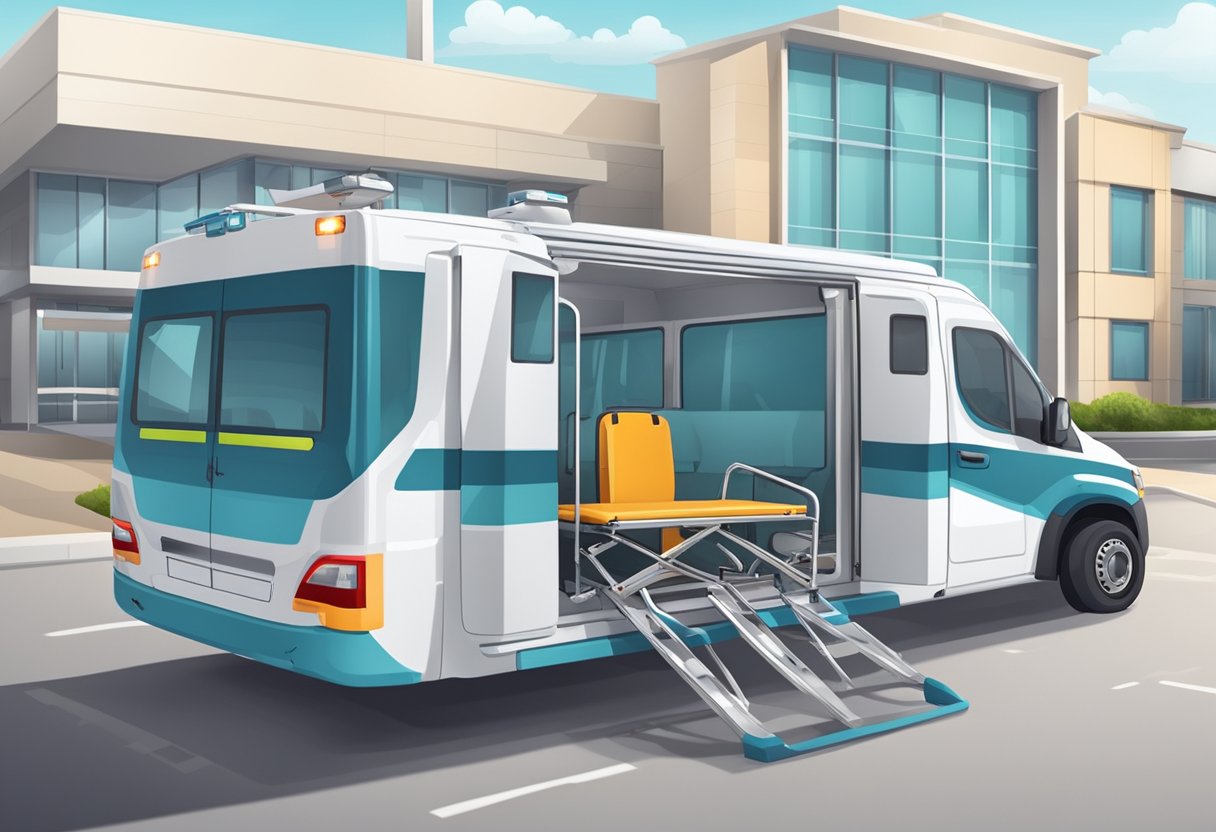 Transporte de Pacientes: Inovações e Desafios no Brasil 6 Um veículo de transporte médico com uma maca e equipamentos médicos dentro, estacionado do lado de fora de um hospital.