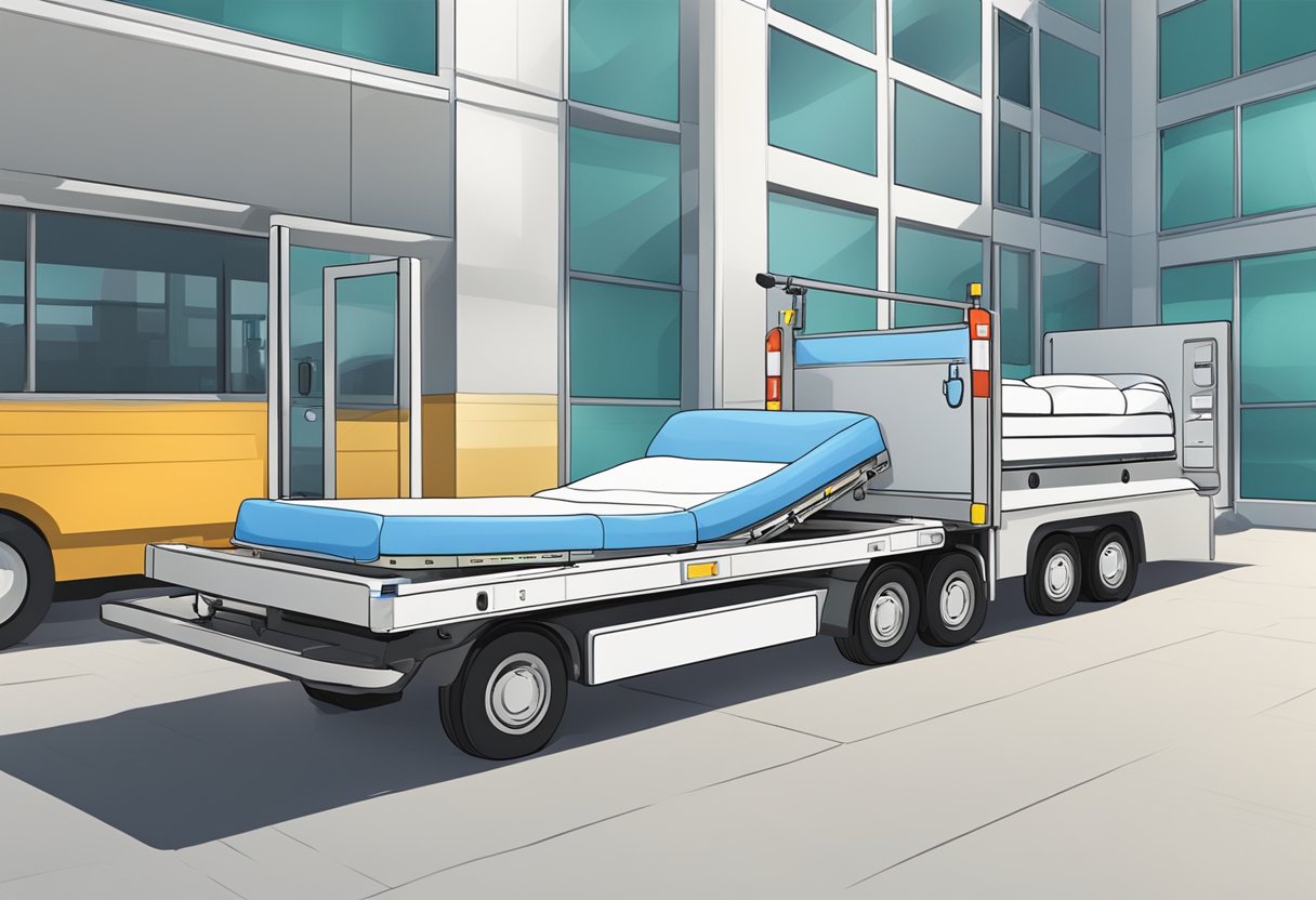 Transporte de Pacientes: Inovações e Desafios no Brasil 7 Uma cama de hospital moderna sendo carregada em um veículo especializado para transporte de pacientes