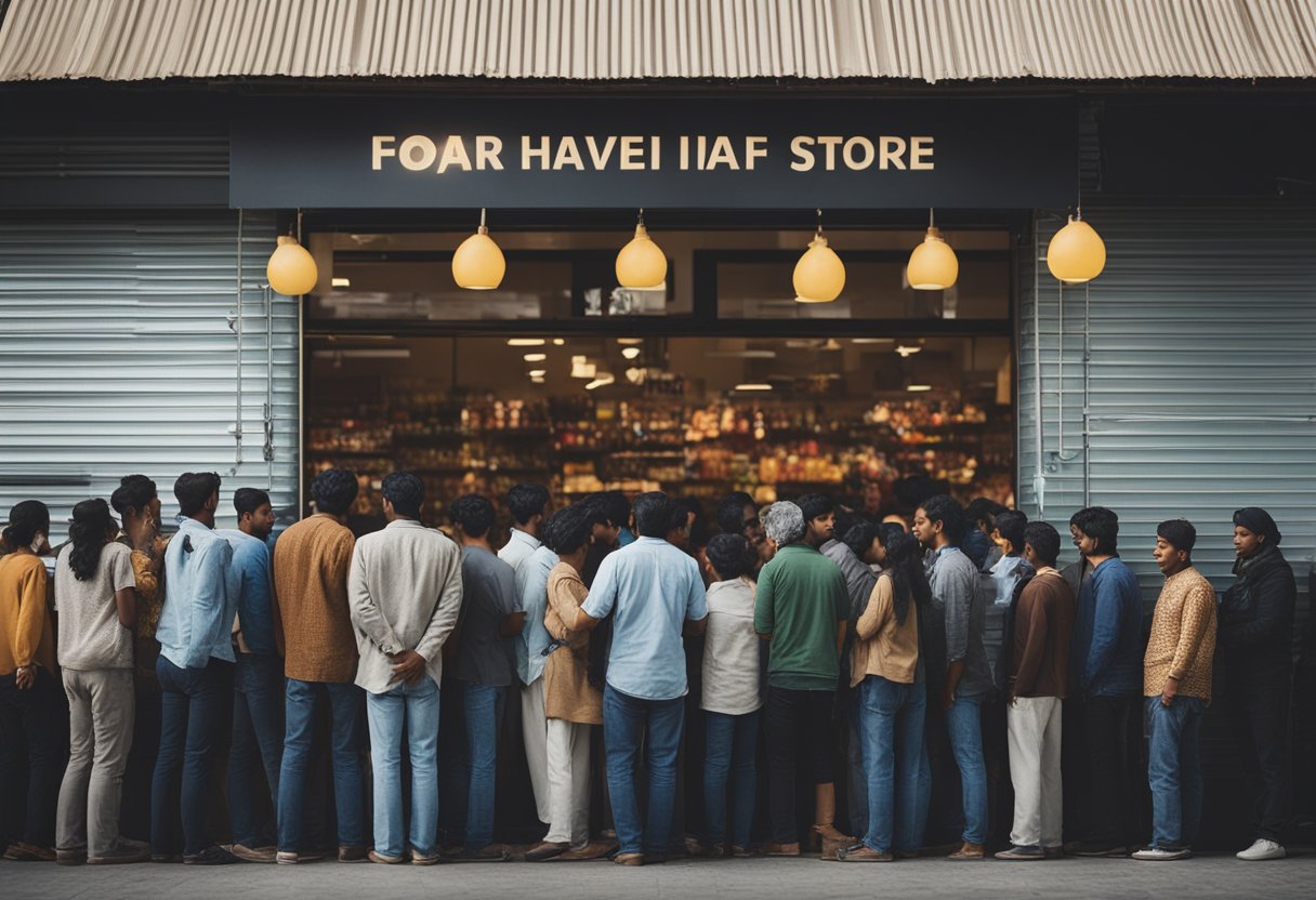 Uma longa fila de pessoas esperando do lado de fora de uma loja Havan, com uma placa indicando o limite inicial do cartão.