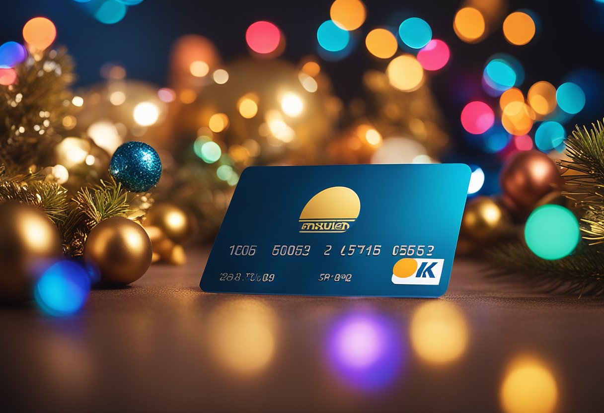 Um cartão de crédito Havan colorido cercado por decorações festivas e uma atmosfera brilhante e convidativa