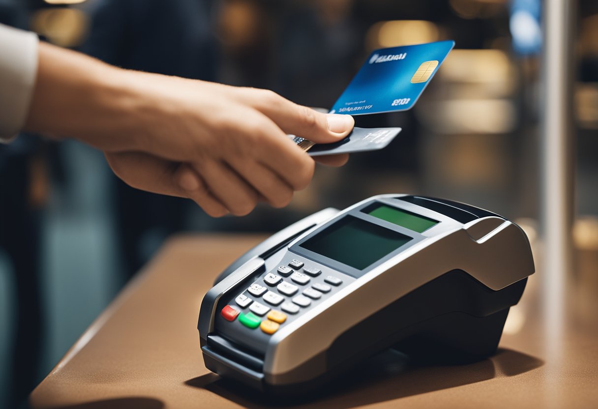 Uma mão passando um cartão de crédito em um terminal de pagamento